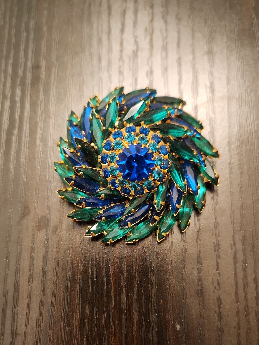 Blue & Green Crystal Swirl Brooch - Unbranded